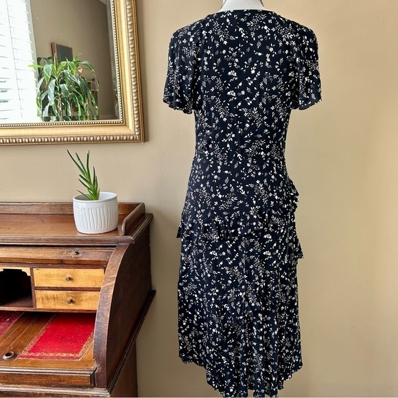 JOIE Orita Caviar Black Ruffled Floral Midi Dress Tiered Surplice V-Neck Size 6 - Picture 8 of 16